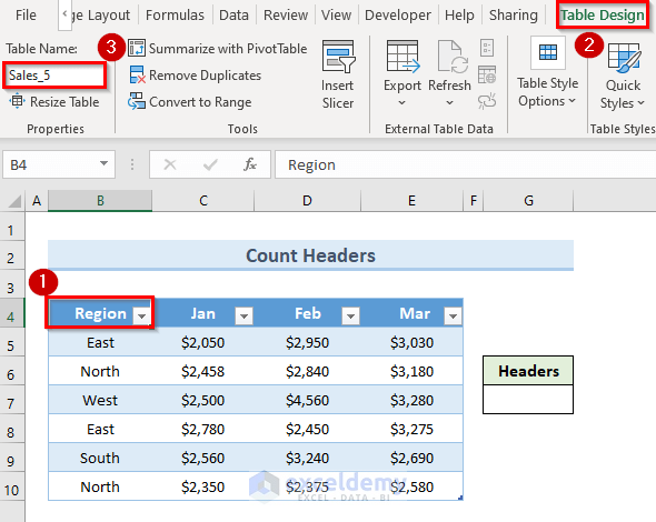 Count Headers with Absolute Structured References in Excel Table