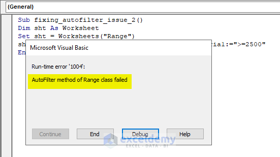 AutoFilter method of Range class failed