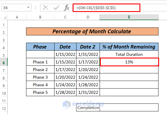 calculate percentage of month in excel