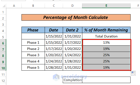 calculate percentage of month in excel generl equation