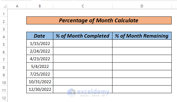 calculate percentage of month in excel with Day function