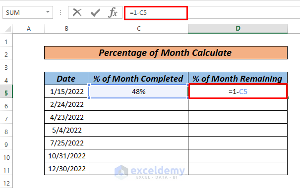calculate percentage of month in excel with Day function
