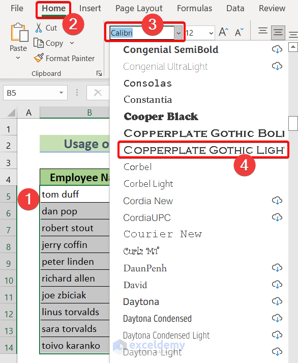 Apply All Caps Font to Change Case in Excel without a Formula