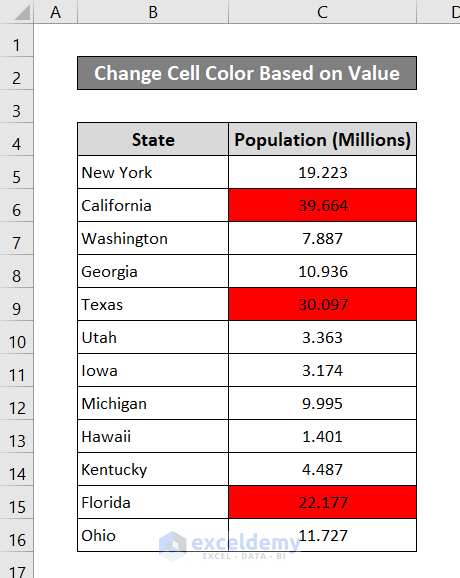 excel change cell color of greater values