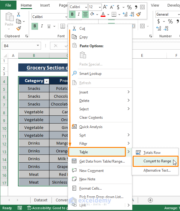 context menu-Excel Unable to Merge Cells in Table