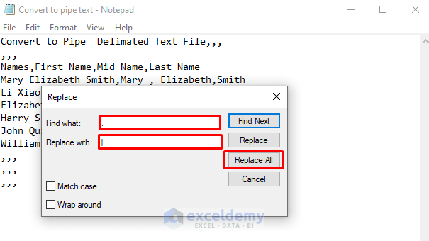 convert excel to text file with pipe delimiter by find and replace