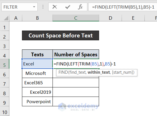 how to count space before text in excel using find, left and trim functions