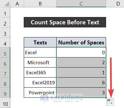 how to count space before text in excel