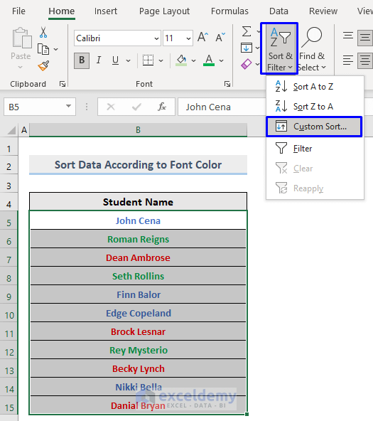Difference Between Sort and Filter in Excel : Sort by font color