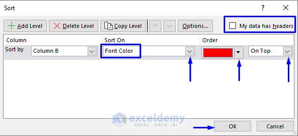 Difference Between Sort and Filter in Excel : Sort by font color overview