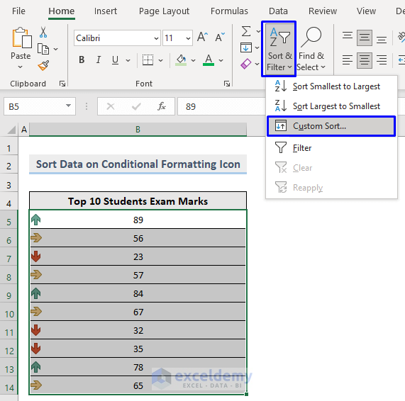 Difference Between Sort and Filter in Excel : Sort by icons