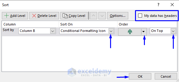 Difference Between Sort and Filter in Excel : Sort by icons overview