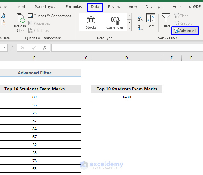 Difference Between Sort and Filter in Excel : using advanced filter