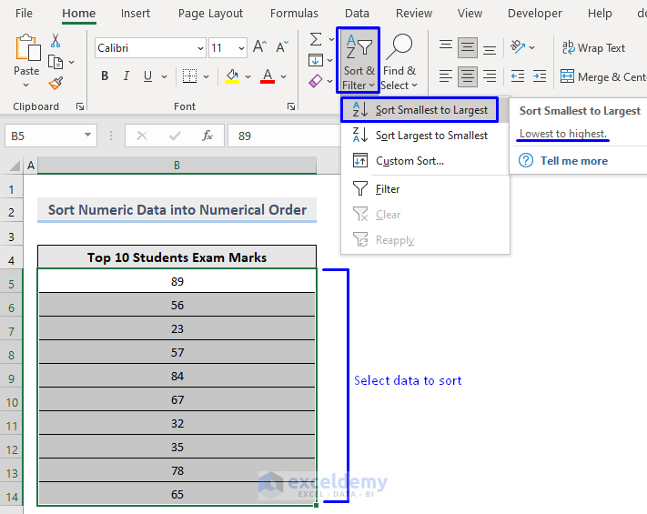 Difference Between Sort and Filter in Excel : Sort Numeric Data into Ascending Order