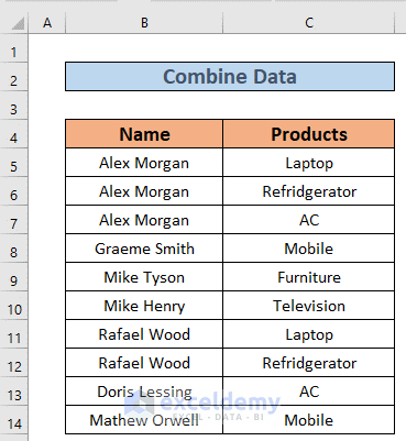 excel combine cells with same value