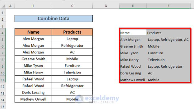 excel combine cells with same value