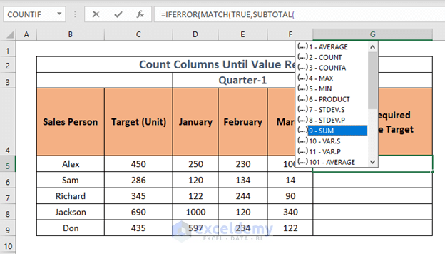 excel count columns until value reached