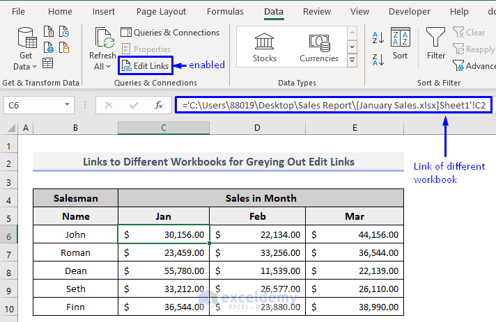 External workbook to prevent edit links or change source option being greyed out in excel