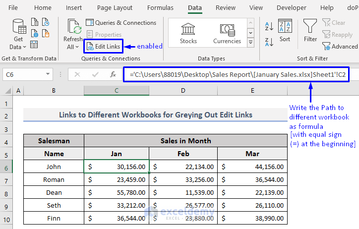 Entering as formula to prevent edit links or change source option being greyed out in excel