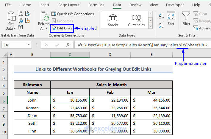 Proper extension to prevent edit links or change source option being greyed out in excel