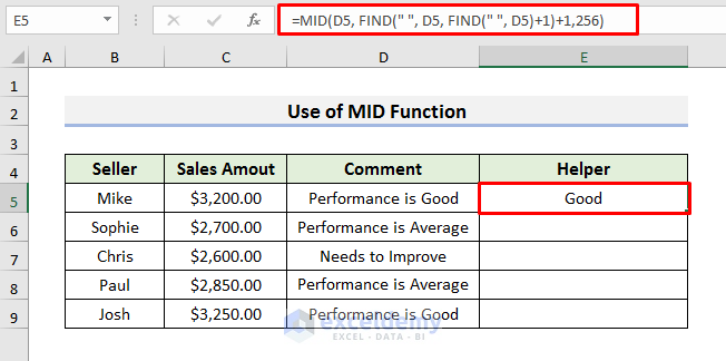 Use MID Function to Extract Text after Second Space in Excel