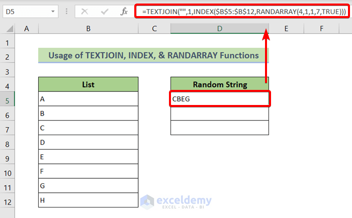 Generate Random String  from a List with TEXTJOIN, INDEX, & RANDARRAY Functions in Excel