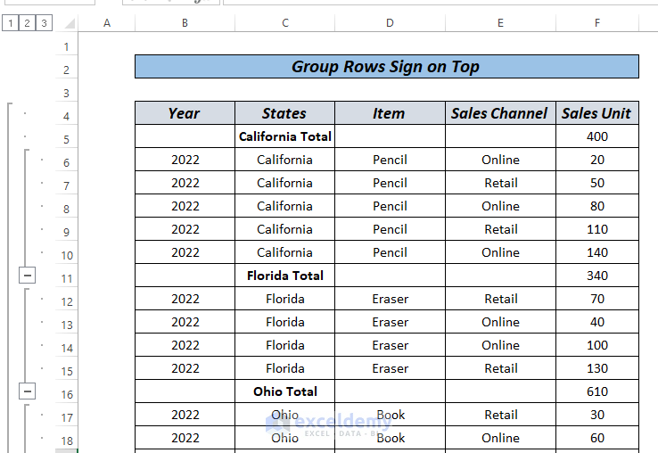 excel group rows plus sign on top