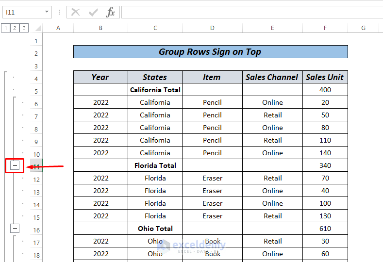 excel group rows plus sign on top using Data tab 