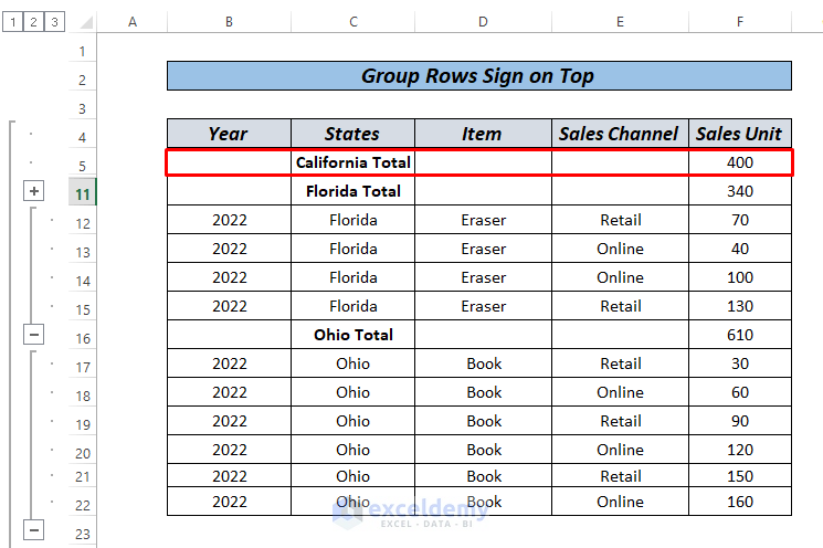 excel group rows plus sign on top by outline