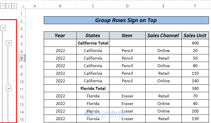 excel group rows plus sign on top With Data tab