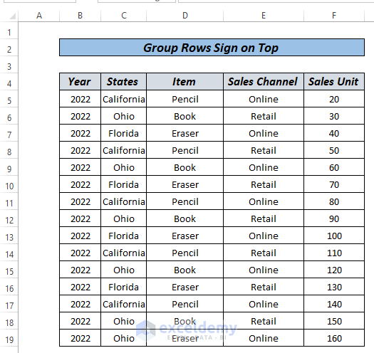 excel group rows plus sign on top by pivot table