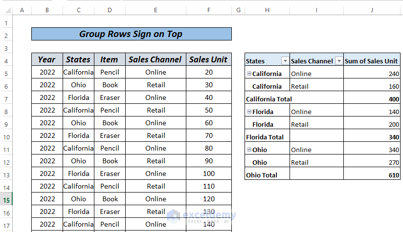 excel group rows plus sign on top by pivot table