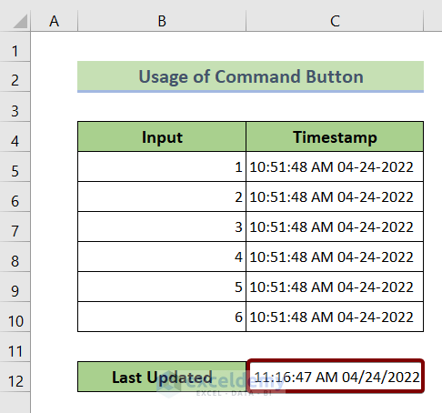 Output: Use of VBA Now function to Insert Date and Time in a Cell