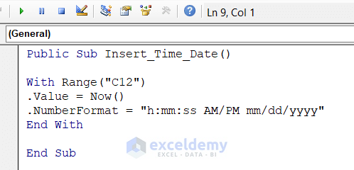 Manually Insert Date and Time in a Cell Using Macro in Excel