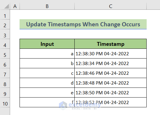 Output: Update Date and Time in a Cell Whenever a Change Occurs in Your Worksheet