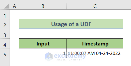 Output: Create a User-Defined Function to Insert Date and Time Automatically in a Cell