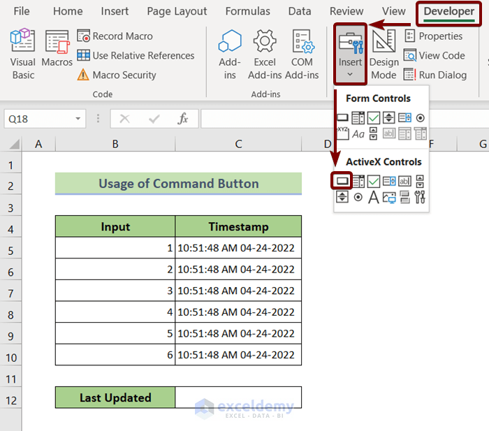 Input a Command Button: Use of VBA Now function to Insert Date and Time in a Cell