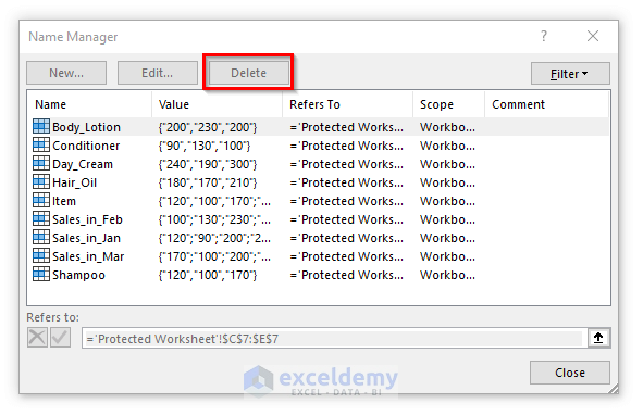 Name Manager Delete Option Will Be Inactive If Worksheet Is Protected