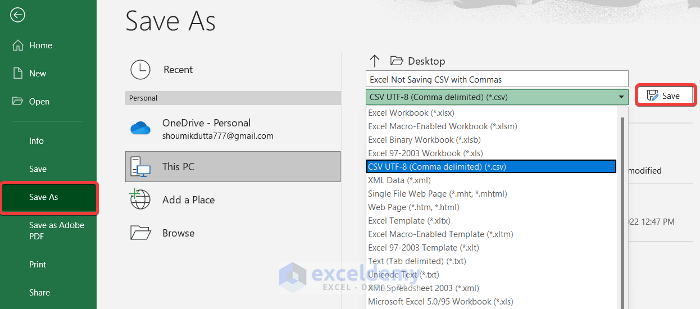 Save Your Excel File as ‘CSV UTF-8 (Comma Delimited)’ to Excel not saving CSV with commas