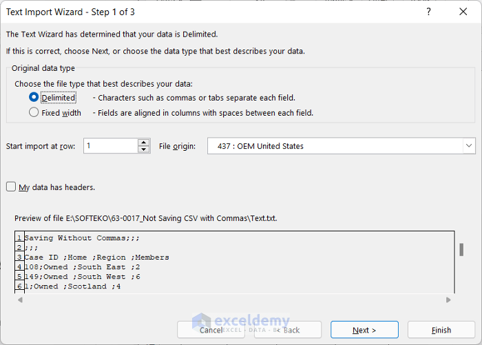 Choose Delimiter from Text Import Wizard to Excel not saving CSV with commas
