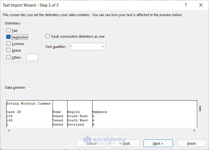 Choose Delimiter from Text Import Wizard to Excel not saving CSV with commas