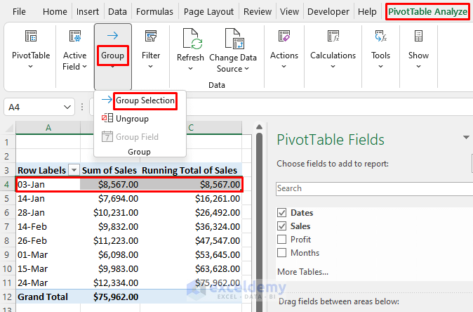 excel pivot table running total by date