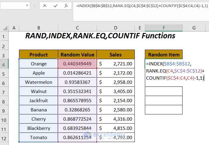 RAND,INDEX,RANK.EQ,COUNTIF Functions