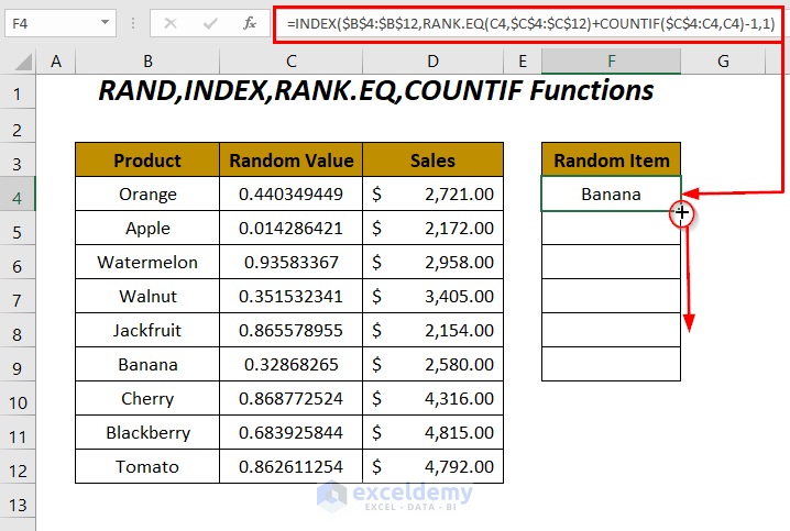 RAND,INDEX,RANK.EQ,COUNTIF Functions