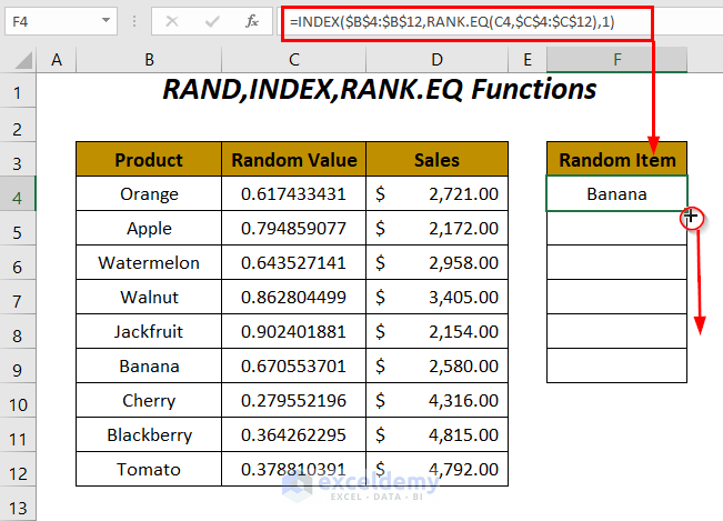 RAND, INDEX, RANK.EQ Functions