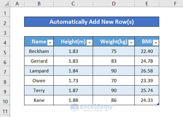 Dataset to Add New Row Automatically in an Excel Table