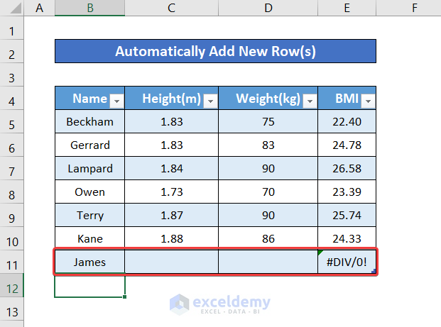 New Row Automatically Added in an Excel Table