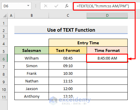 Use TEXT Function to Convert Text to Time Format with AM/PM in Excel