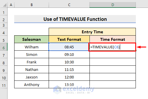 Apply TIMEVALUE Function for Converting Text to Time Format with AM/PM