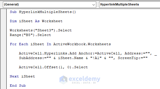 Excel VBA add hyperlink to cell value of multiple sheets